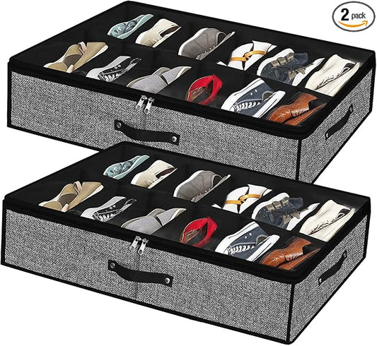 Meerainy Under Bed Shoe Storage Organizer for Closet 2 Pack- Fits 24 Pairs Underbed Shoes Container Boxes with 2 Sturdy Handles and Clear Window,Foldable Shoe Rack Holder,Black