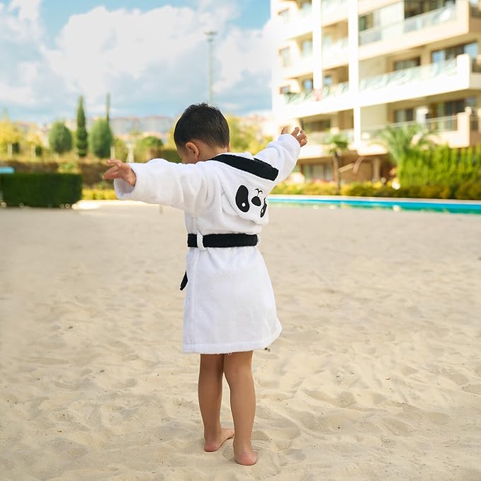 BAGNO MILANO Kids Organic Turkish Cotton Hooded Beach Cover-Up Towel, GOTS Certified, for Boys and Girls (Panda White, 5-6 Years)