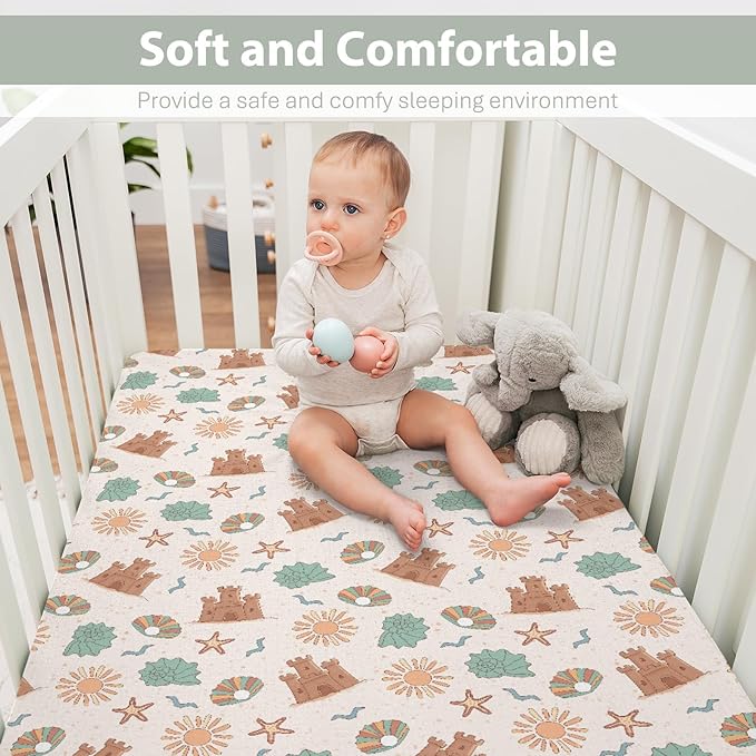 Boho Beach Summer Baby Crib Sheets for Boy Girl 52"x28" Retro Seaside Holiday Soft Snug Fitted Crib Mattress Cover Sun Seashells Castle Starfish Baby Sheets for Standard Crib & Toddler Bed Mattresses