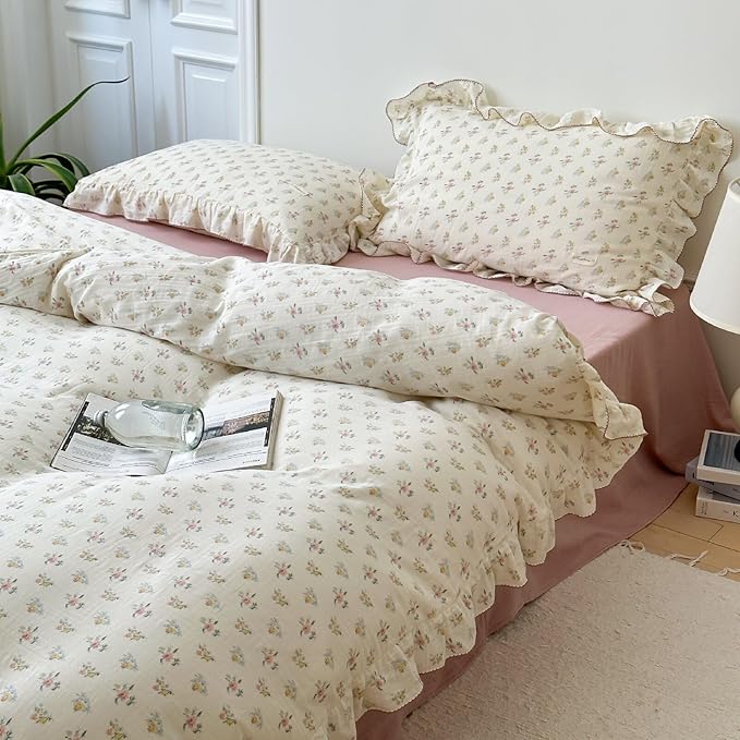 BuLuTu 2-Layer Cotton Muslin Duvet Cover Full for Kids Girls Boys, Shabby Chic Floral Duvet Covers Beige Comforter/Quilt Cover with Ruffles, 79"x90", Azalea, No Pillow Cases