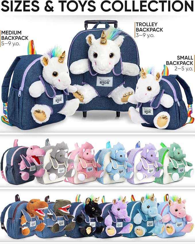 Naturally KIDS 【Upgraded】 Toddler Backpack w Removable Unicorn Toy for Girls Age 2-6 | Side & Inner Pockets, Reflective Logo, Name Tag, Sparkly Denim | Cute Christmas Gifts
