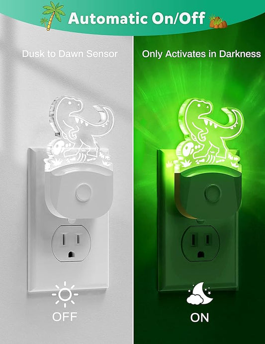 DORESshop Dinosaur Night Light for Kids [2 Pack], 8 Color Changing Plug in Night Lights for Baby with Dusk to Dawn Sensor, Nightlight for Bathroom Decor, Children Room, Dinosaur Toys Gifts
