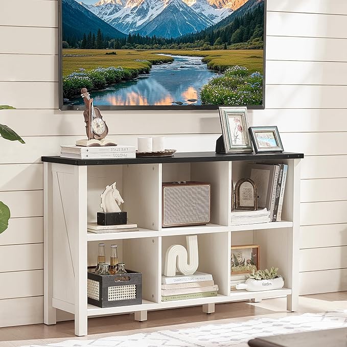 Joaxswe Farmhouse 6 Cube Bookshelf, Antique White & Black Wooden Storage Organizer Book Shelf, 47" Cubby Hallway Bookcase, Kids Toy Storage Cabinet, Modern Open Book Case for Living Room, Playroom