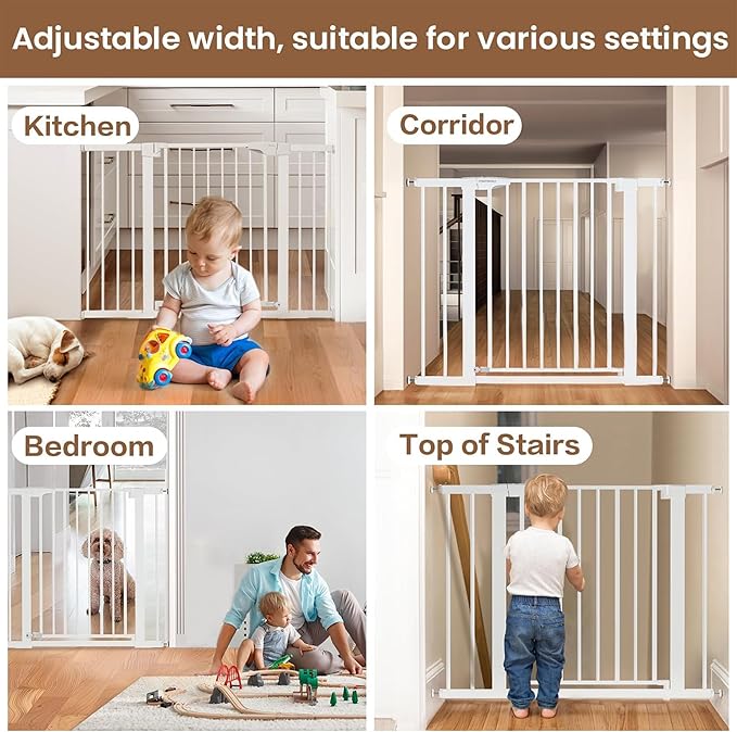 Mumeasy 29.6-46" Baby Gate for Stairs, Pressure Mounted Dog Gate for Doorways, Auto Close Pet Gate for Indoor Use, Extra Wide Child Gate with Walk Thru Door White, Mom's Choice Awards Winner