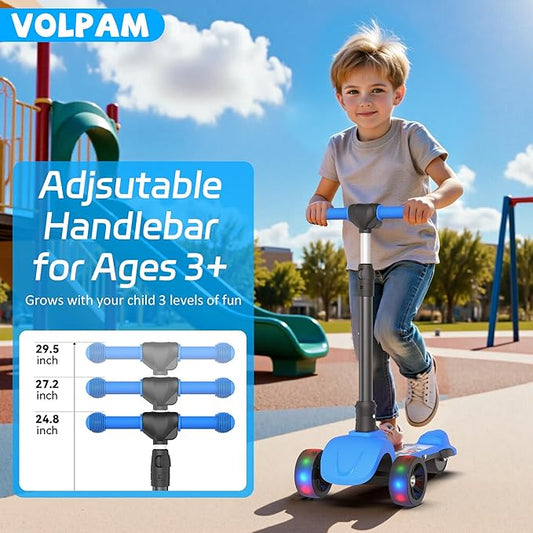 VOLPAM C001 Electric Scooter for Kids, 80W Motor, Max Safe Speed 5MPH, 3 Adjustable Height, Lean-to-Steer, 3.5" Lighted Up Wheel, Foldable Scooter for Boys & Girls, Max Load 110lbs