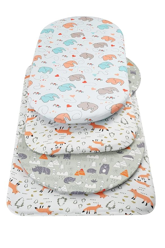 Onacosht Bassinet Sheets 3 Pack for Baby Boy, Soft Stretchy Universal Fitted Sheet Set for Oval Rectangle Hourglass Bassinet Mattress, Forest Fox Elephant Printing