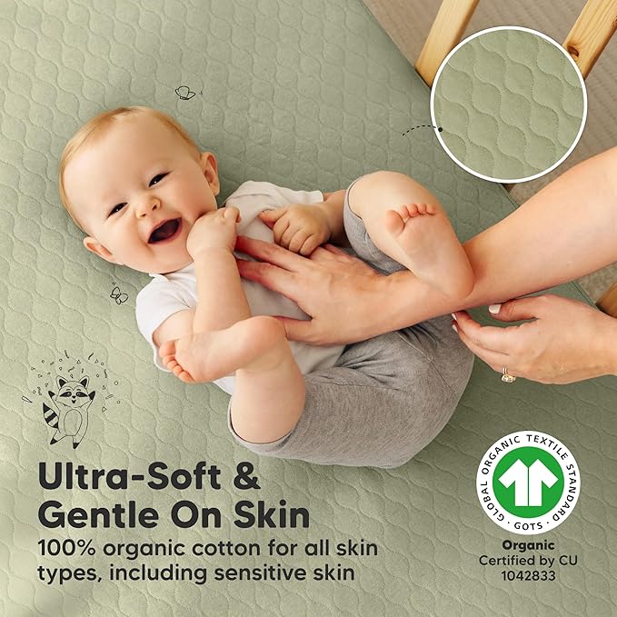 2-Pack Waterproof Crib Mattress Protector Cover Fitted - Quiet Baby Crib Mattress Pad Sheets, 52" x 28" Soft Quilted Cotton Baby Sheet, Machine Washable, Easy Fit, Durable (Avocado/Mavy)