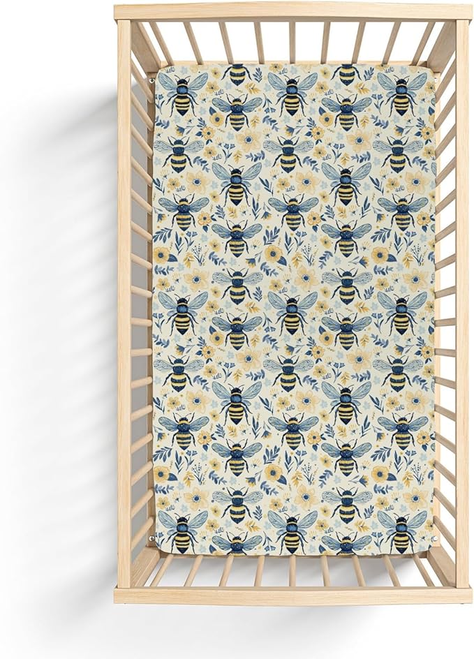 Bees Flowers Baby Crib Sheets for Boy Girl 52"x28" Vintage Bees Boho Wildflowers Soft Stretchy Fitted Crib Mattress Cover Bee Floral Spring Summer Baby Sheet Fits Crib and Toddler Bed Mattresses