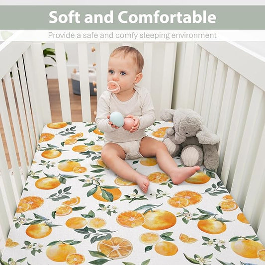 Watercolor Oranges Baby Crib Sheets for Boy Girl 52x28Inch Orange Flowers Leaves Soft Snug Fitted Crib Mattress Cover Summer Citrus Fruits Baby Sheet for Standard Crib & Toddler Bed Mattresses