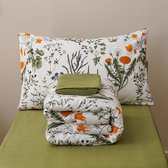 KAREVER Botanical Toddler Bedding Set Flower Print 4 Pieces Crib Bed Set Kids White Green Floral Comforter Set