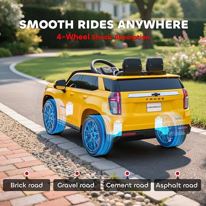 Aosom Licensed Chevrolet Tahoe Ride On Car, 12V 7AH Battery Power Ride On Toy with Parent Remote Control, LED Lights, Music, 4 Wheeler Suspension, 3 Speeds, Kids Electric Vehicle for Aged 3+, Yellow