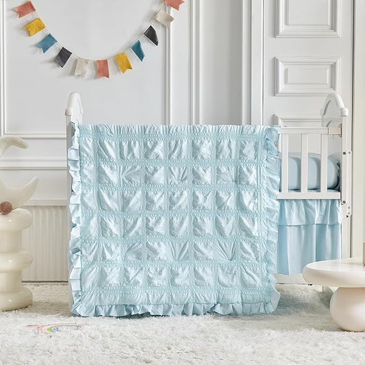 Ruffled Crib Bedding Set Baby Boho Quilted Comforter with Fitted Sheet and Bed Skirt - Cute Soft Breathable Seersucker Ruffled Shabby Chic Bedding Soft Blanket Design - Blue