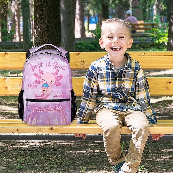 COZYAURA Kids School Backpack - 17 Inch Cute Axolotl Bookbag for Girls - Durable Pink School Bag for Elementary & Travel