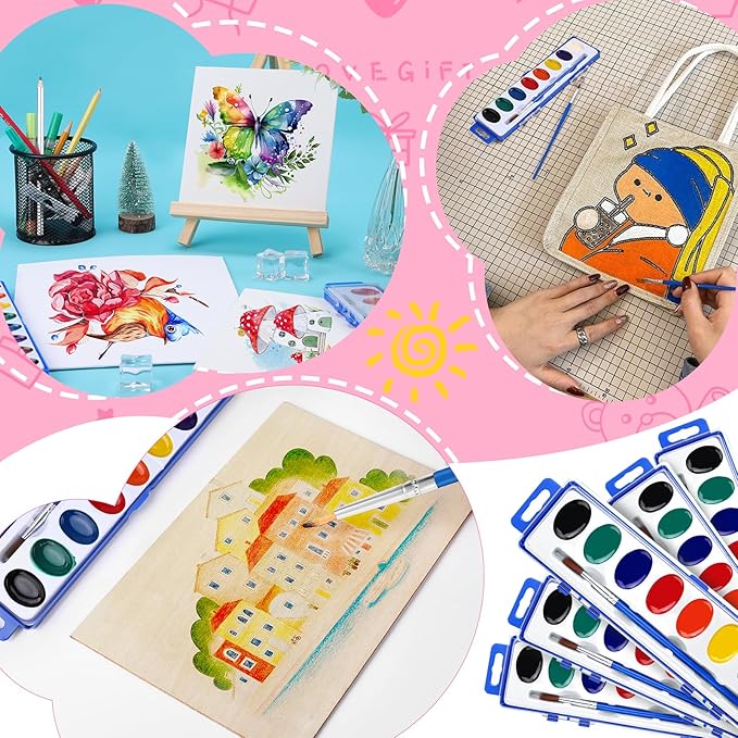 FUMILE 30 Pack Watercolor Paint Set, 8 Colors Washable Valentines Water Color Paint Set for Kids with Paintbrush, Watercolor Paint for Prizes Exchange Gifts, Valentine's Day Gifts, Party Favor, Classroom