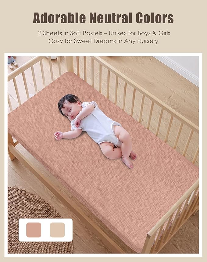 SWEET DOLPHIN 2-Pack Muslin Crib Sheets for Boys & Girls, Ultra Soft Breathable 40S Long-Staple Cotton Fitted Baby Sheets for Standard Crib Mattress 52"x28", Light Bean Paste- Nursery Essentials