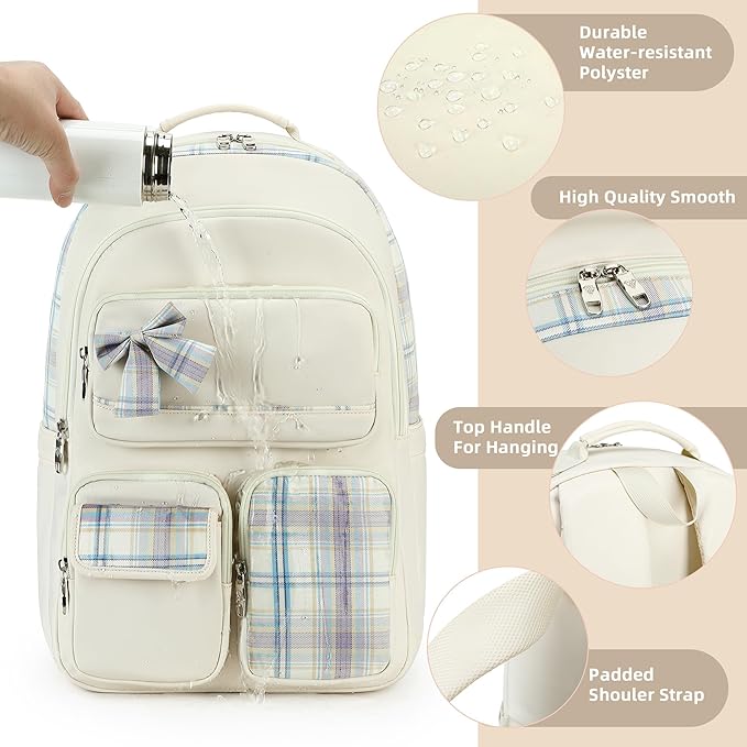 KIDNUO Backpack for Girls,School Backpacks for Teen,Cute College Bags for Women Students Large Bookbag 15.6 Inch Laptop Bag Back Pack Kids Kindergarten Elementary Casual Travel Daypacks Beige