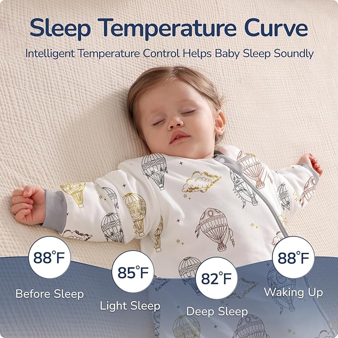 Baby Sleep Sack 12–18 Months, 2.5 TOG Warm Cotton Sleep Sack with Detachable Long Sleeves, Winter Wearable Blanket for Cold Nights, 2-Way Zipper Toddler Sleeping Sack, Hot Air Balloon