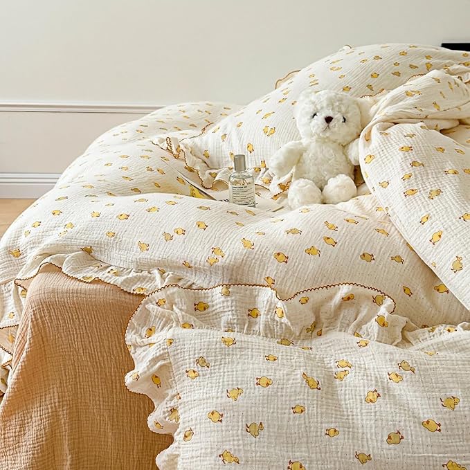 BuLuTu Cute Yellow Duck Print Duvet Cover Twin for Kids Toddler Girls Boys 100% Cotton Muslin Quilt Cover Twin, 68"x86", Ruffled Bedding Soft Breathable, Zipper Closure, No Pillowcase