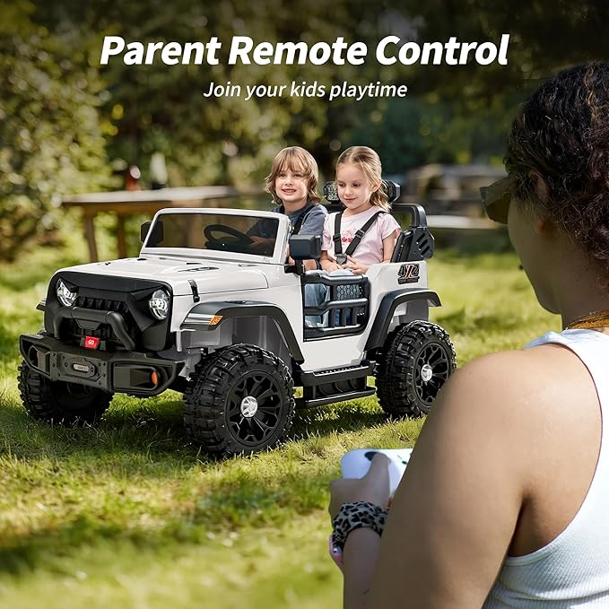 2 Seater Ride on Car Toy, 12V Electric Car for Kids 4-8 with Remote Control, Capacity 150 lb, LED Light - White