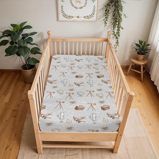 Adventure Baby Crib Sheets for Boy Girl 28"x52" Travel Planes Compass Luggage Globe Explore Soft Snug Fitted Crib Mattress Covers Holiday Vacation Baby Sheet for Standard Crib & Toddler Bed Mattress