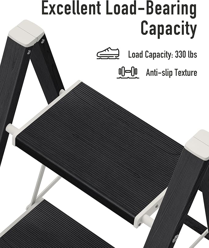 Mayi Plus 2 Step Ladder,Aluminum Folding Step Stool for Adults,Step Ladder with Wide Anti-Slip Pedal,330 lbs Capacity for Home,Kitchen,Library,Office(Ebony Woodgrain)