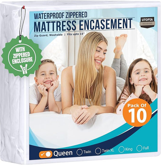 Utopia Bedding Waterproof Mattress Protector Queen Size (Pack of 10), Zippered Mattress Encasement Bed Bug and Dust Mite Proof, Absorbent Six-Sided Mattress Cover