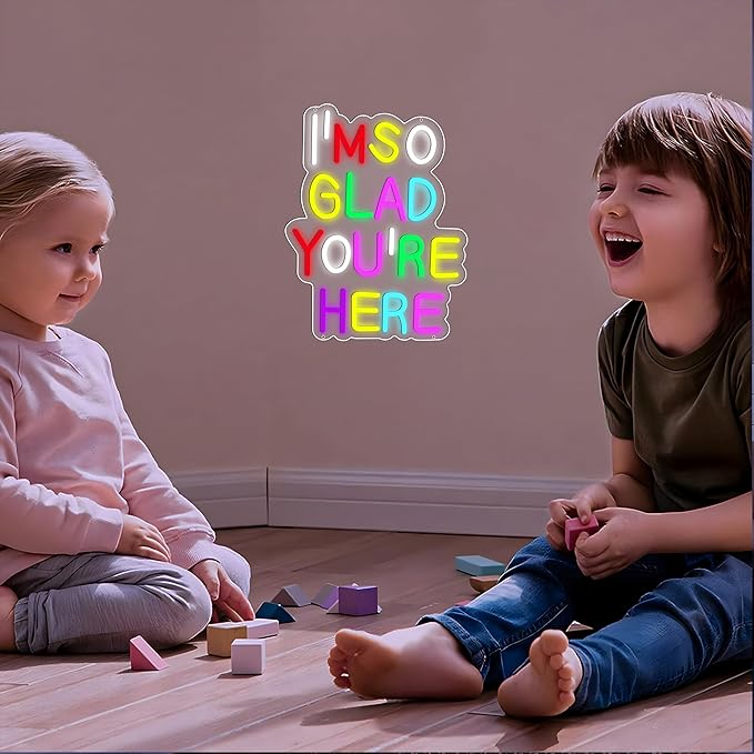 Enuoli I'm So Glad You Here Neon Sign Wall Decor Letter LED Neon Lights Light Up Signs For Kids Room Dimmable Positive Affirmation LED Neon Light Sign Home Business Wall Art Decor