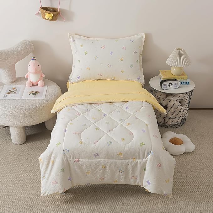 Caressma Toddler Bedding Set for Baby & Kids -Soft Prewashed Cotton Colorful Butterfly Print 4 Pieces Comforter Set, Includes Comforter, Fitted Sheet, Flat Sheet & Pillow Case for All Seasons