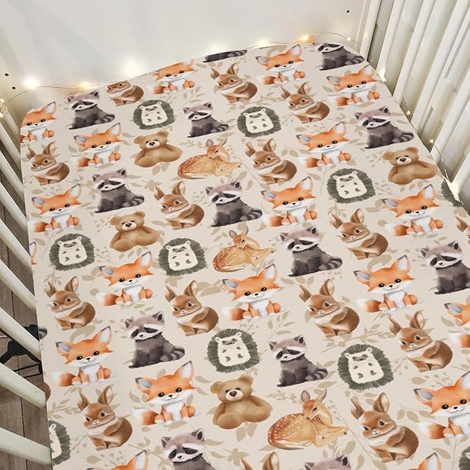 Vintage Animals Boho Floral Baby Crib Sheets for Boy Girl 28"x52" Bear Raccoon Deer Rabbit Hedgehog Leaves Soft Snug Fitted Crib Mattress Cover Baby Sheet for Standard Crib & Toddler Bed Mattress