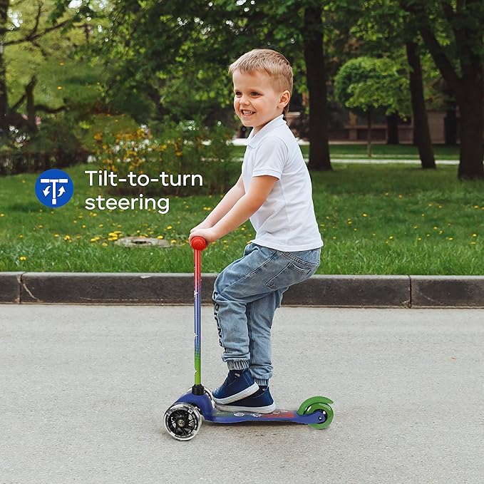 Self Balancing Kick Scooter with Light Up Wheels, Extra Wide Deck, 3 Wheel Platform, Foot Activated Brake, 75 lbs Limit, Kids & Toddlers Girls or Boys, for Ages 3 and Up