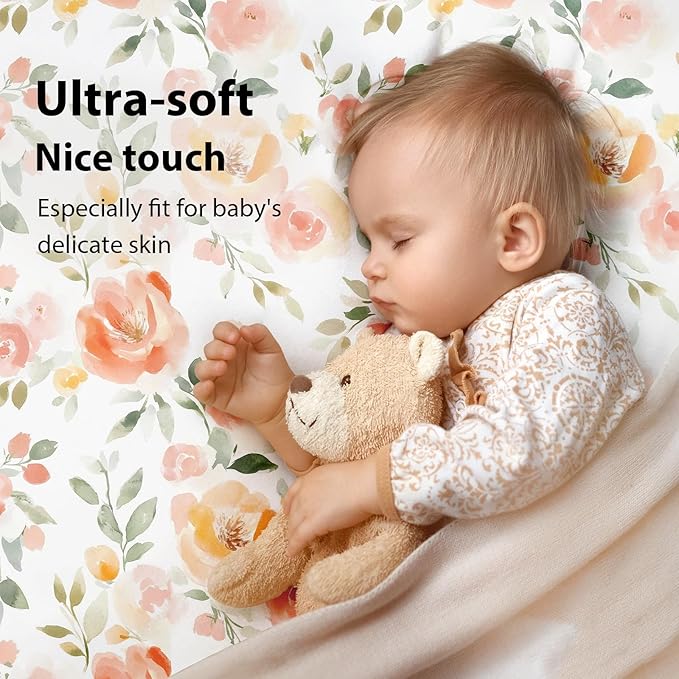 Baby Mini Crib Sheets Girl, Portable 38”x26” Pack and Play Sheets Fitted for Playard and Pack N Play Mattress, 3-Pack Soft Microfiber Orange Watercolor Flower