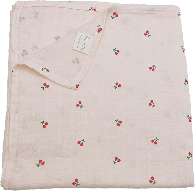 Ali+Oli Muslin Swaddle Blanket for Baby (Cherry) Large 47" x 47" Soft Rayon Made from Bamboo & Organic Cotton, Machine Washable Receiving Blanket Wrap for Newborn to Toddler