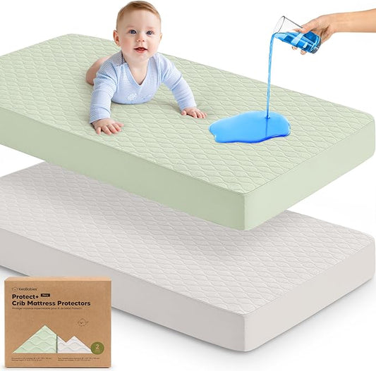 2-Pack Waterproof Crib Mattress Protector Cover Fitted - Quiet Baby Crib Mattress Pad Sheets, 52" x 28" Soft Quilted Cotton Baby Sheet, Machine Washable, Easy Fit, Durablee (Sage/Mavy)