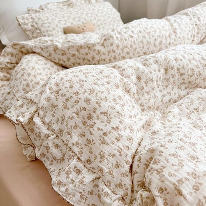 BuLuTu Kids Duvet Cover Soft 2-Layer Cotton Muslin Floral Duvet Cover Beige Comforter Cover Bedding Duvet Protector, 60"x78", Camellia Print (Pillowcases Not Included)