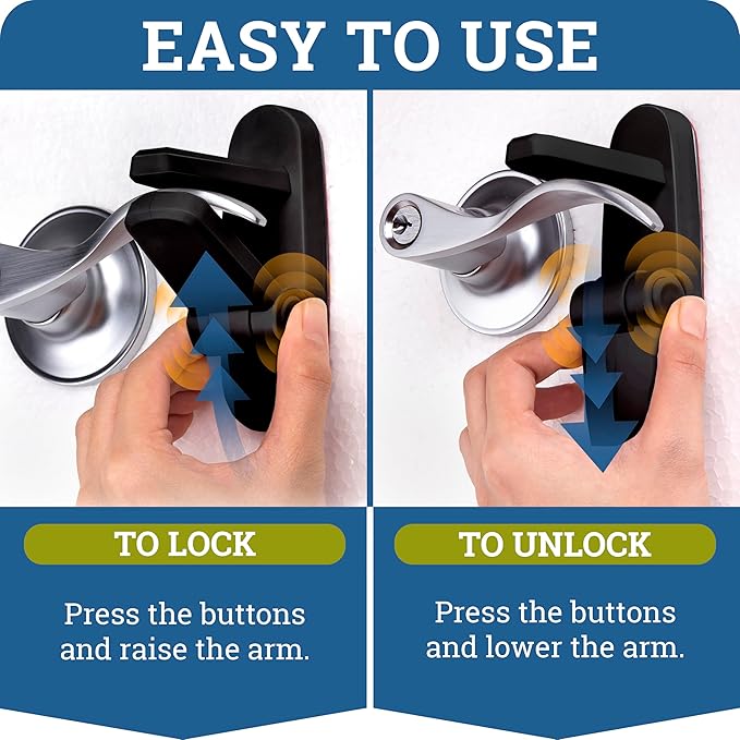 Door Lever Lock (2 Pack) Prevents Toddlers from Opening Doors. 3.25" L * 1.5" W * 4.5" H Easy One Hand Operation for Adults. Durable ABS with 3M Adhesive Backing. Simple Install, Black