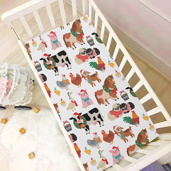 Christmas Farm Animals Crib Sheets Soft Breathable Fitted Baby Playard Sheets Mattress Cover for Girl Boys, 39" x 27" x 5"