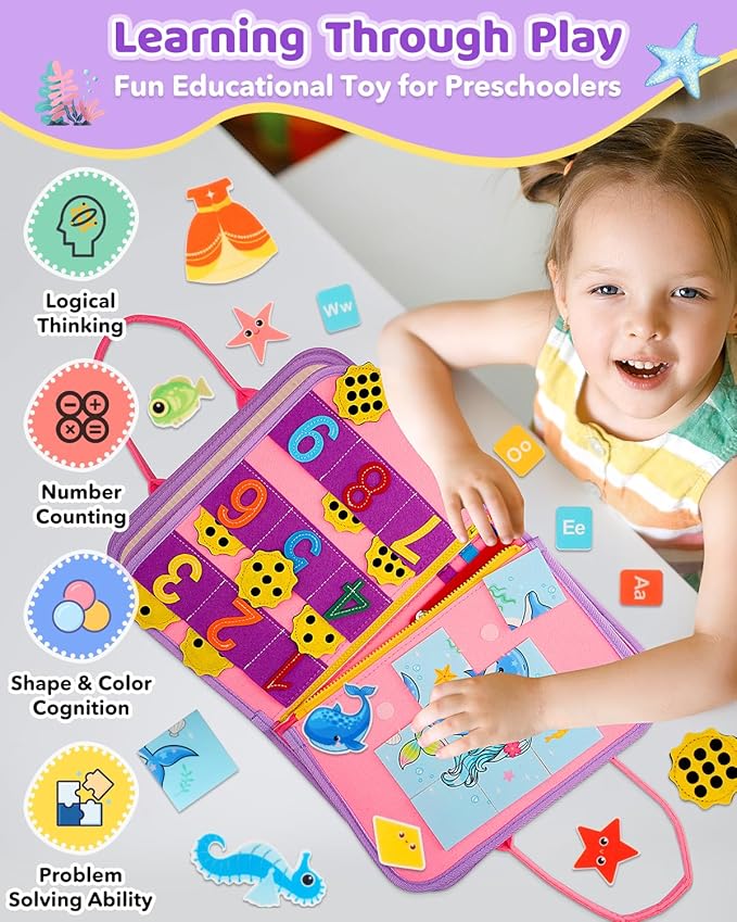 Toddler Busy Board, Montessori Toys for Toddler Girl Birthday Gifts, Learning Toys Sensory Busy Book Toys for Toddlers, Travel Educational Book for Airplane Car | Birthday Gift for Girls, Pink
