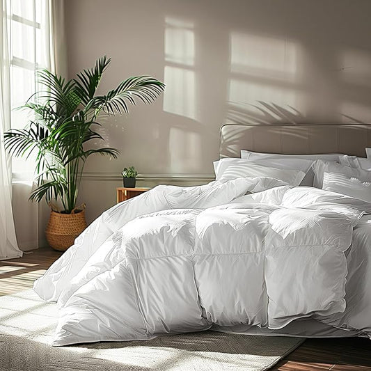 Serta Goose Feather Down Fiber Cotton Comforter Queen Size - 100% Cotton Duvet Insert - Hotel Luxury Hypoallergenic Bedding Comforter Light Warmth 90 x 90 Inch White