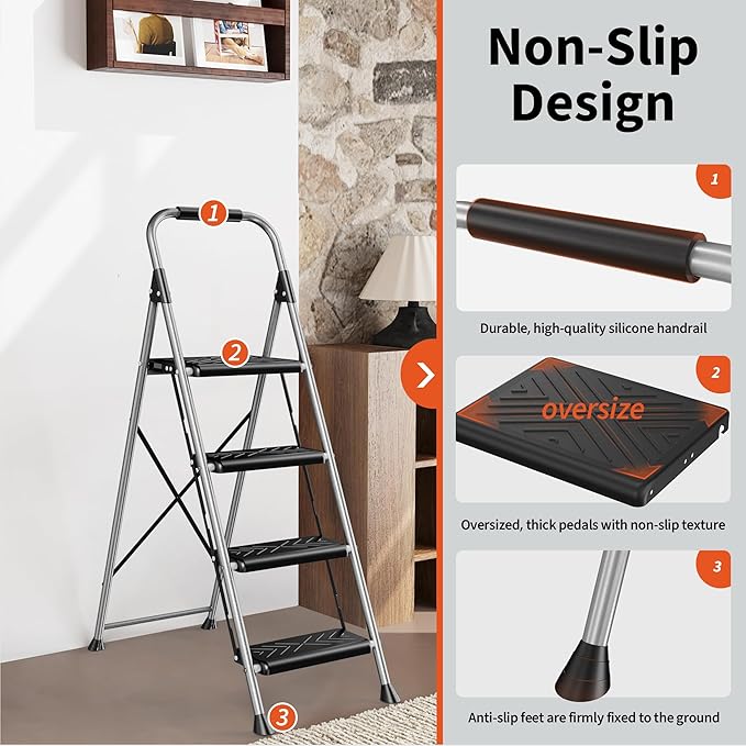 4 Step Ladder,DIAMONDFORGE Folding Step Stool with Anti-Slip Wide Pedal, Soft Handle, Anti-Slip Feet, Sturdiest Steel Construction, 900lbs Capacity Steel Ladder for Home and Office, Grey