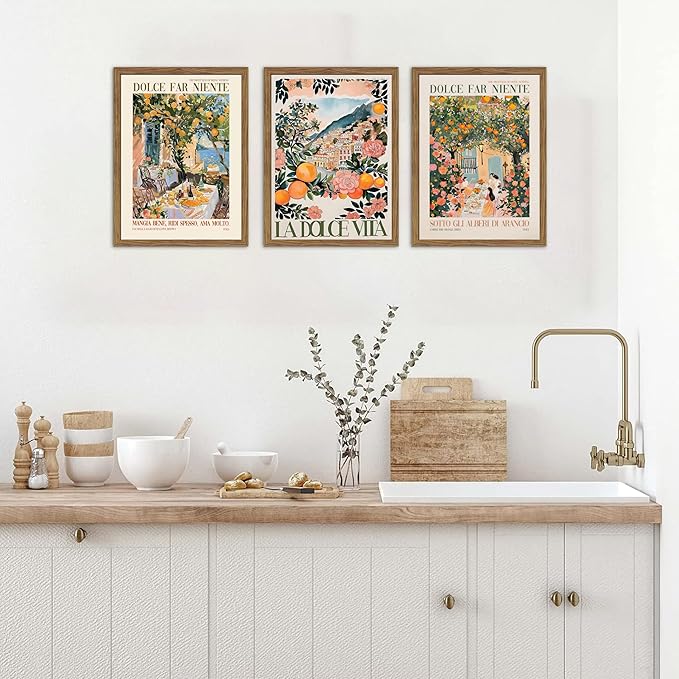 Framed Italian Scenery Wall Art Set of 3, Amalfi Coast Kitchen Wall Art, Vintage City Landscape Canvas Print, Trendy Italian Food Pictures Artwork for Living Room Dining Room – 16x24 inch