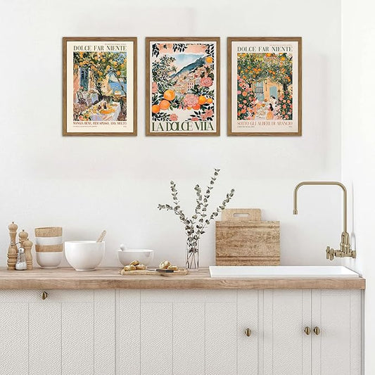 Framed Italian Scenery Wall Art Set of 3, Amalfi Coast Kitchen Wall Art, Vintage City Landscape Canvas Print, Trendy Italian Food Pictures Artwork for Living Room Dining Room – 16x24 inch