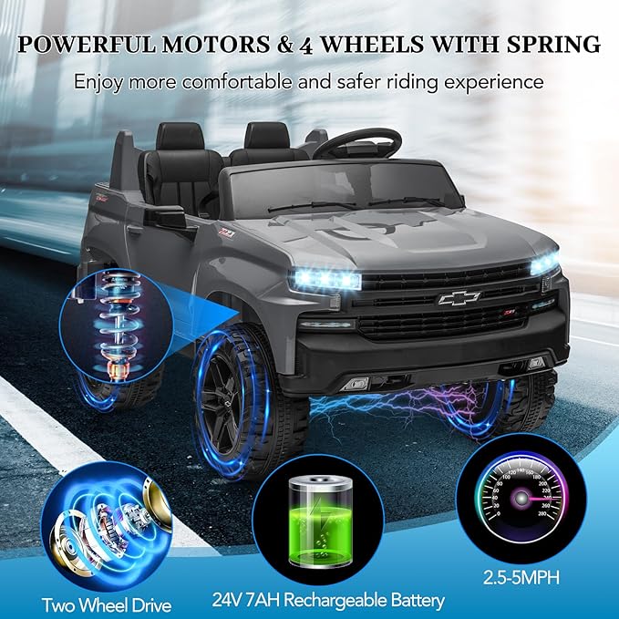 GarveeLife 24V 2-Seater Truck Licensed Chevrolet Silverado Ride On Car Kids Toy, Electric Vehicle Car for Toddlers with Parent Remote Control, Gray