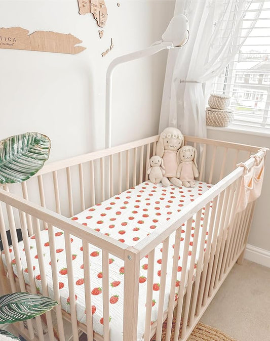 Crib Sheets for Baby Boy Girl 2 Pack, Fitted Crib Mattress Sheet 28" x 52", Muslin Toddler Bedding with Neutral Style, Nursery Bedding Essentials (Strawberry & Pale Pink)