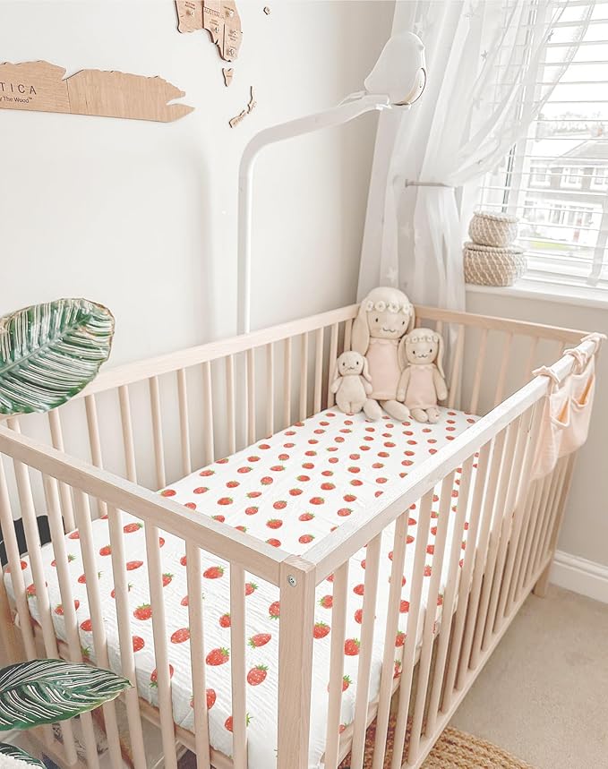 Mini Crib Sheets for Baby Boy Girl 2 Pack, Neutral Mini Crib Mattress Sheet 24" x 38", Muslin Nursery Bedding Soft and Breathable Comfort (Strawberry & Pale Pink)