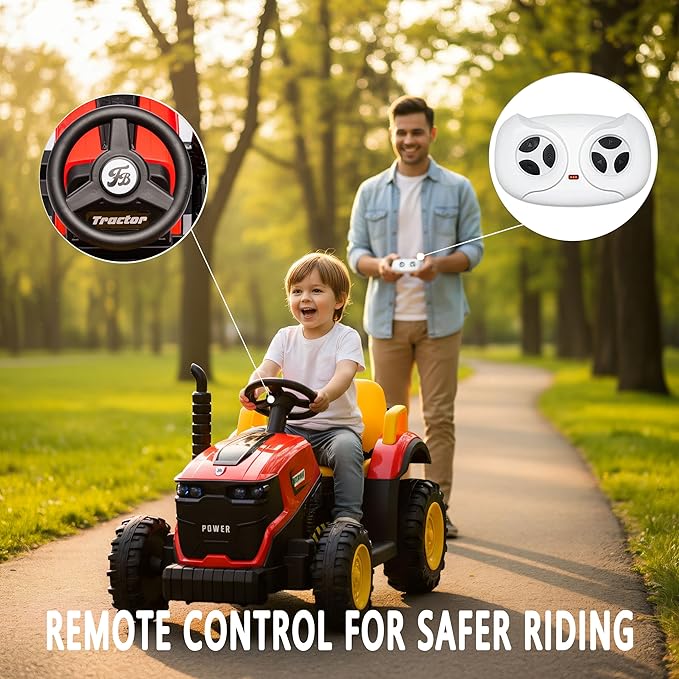 12V Kids Ride On Tractor with Parental Remote, Battery Powered Electric Farm Vehicle with Forward/Reverse, Lights, Music, Bluetooth, Dual Motors, Safe Speed, Outdoor Toy Car for Kids Ages 2-6