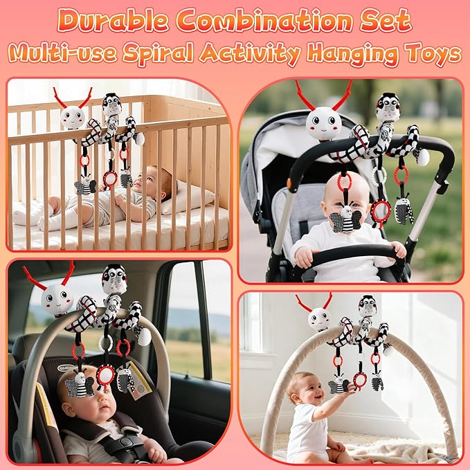 Spiral Car Seat Baby Toys 0-6 Months, Activity High Contrast Black White Sensory Toys with Wrist Rattles Set Hanging Stroller Accessories, Newborn Adjustable Carseat Toys for Baby Boys Girls