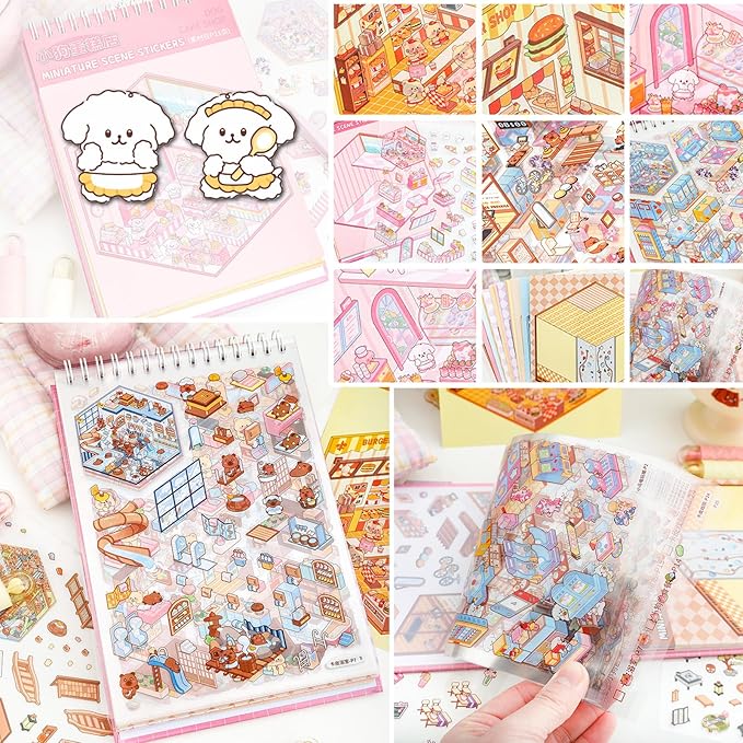 Scene Sticker Book for Kids, 20 Sets of 3D Sticker Scenes for Adults Fun Mini Cute Kawaii Stickers Therapy 3D Scenes Stickers Set Relief Stress Pass The Time, Holiday & Christmas Fun