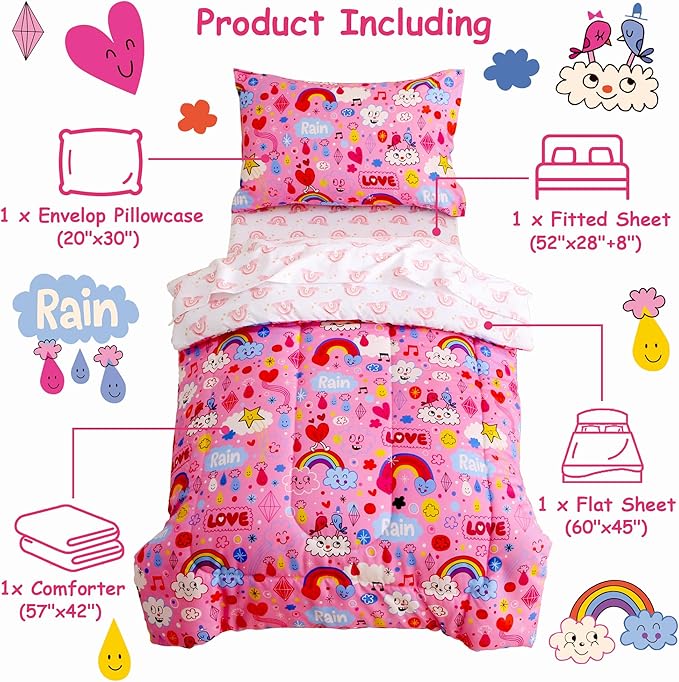 Mooreeke 4 Pieces Toddler Bedding Set - Pink Rainbow Cloud Toddler Comforter Sets for Girls, Includes Comforter, Flat Sheet, Fitted Sheet and Pillowcase, Bed in A Bag for Baby Bedroom