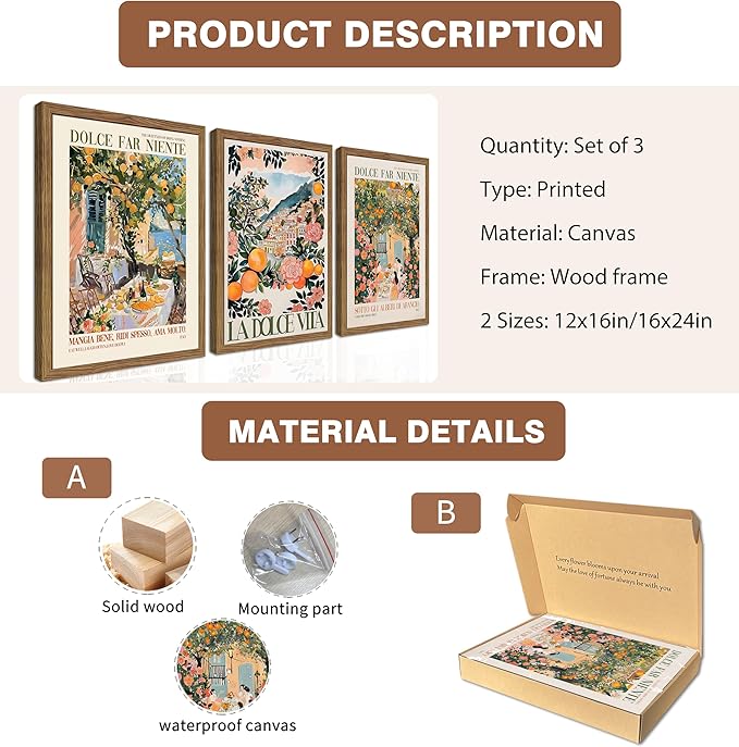 Framed Italian Scenery Wall Art Set of 3, Amalfi Coast Kitchen Wall Art, Vintage City Landscape Canvas Print, Trendy Italian Food Pictures Artwork for Living Room Dining Room – 12x16 inch