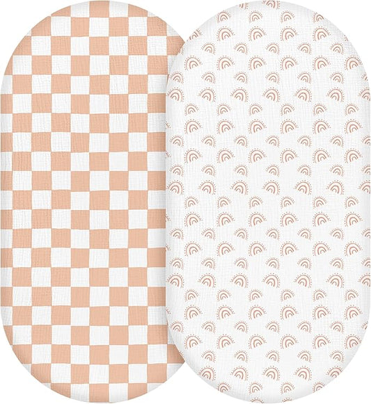 Muslin Bassinet Fitted Sheets, 2 Pack for Baby Boy and Girl, Soft Breathable Baby Pad/Mattress Sheet, Fit for Hourglass Oval and Rectangle Bassinet Mattress (Lattice Rainbow)